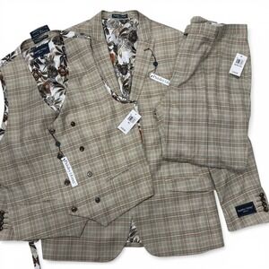 Paisley & Gray Men Slim Fit 3 Piece Suit Khaki Plaid Blazer Vest Pants 46R 38x32